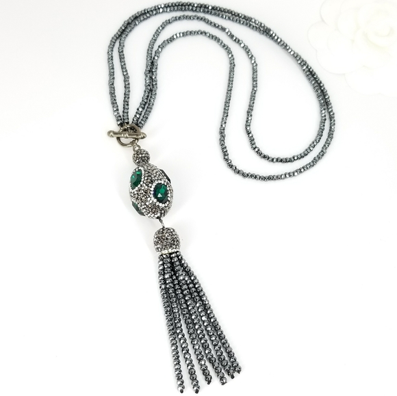 Green Crystal Gem Hematite Tassel Choker NWT - Picture 9 of 10